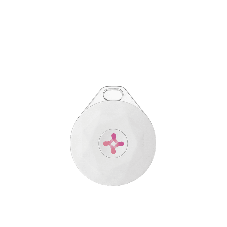 Le bijou connecté LUMI, un pendentif blanc rond frappé du symbole Lumi.